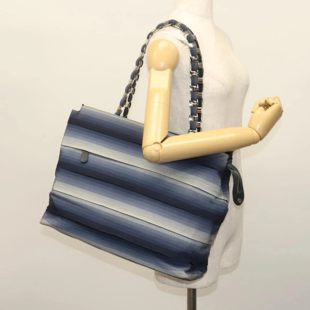 Salvatore Ferragamo Vala Vala Tote Bag Canvas Blue Silver Auth bs28721